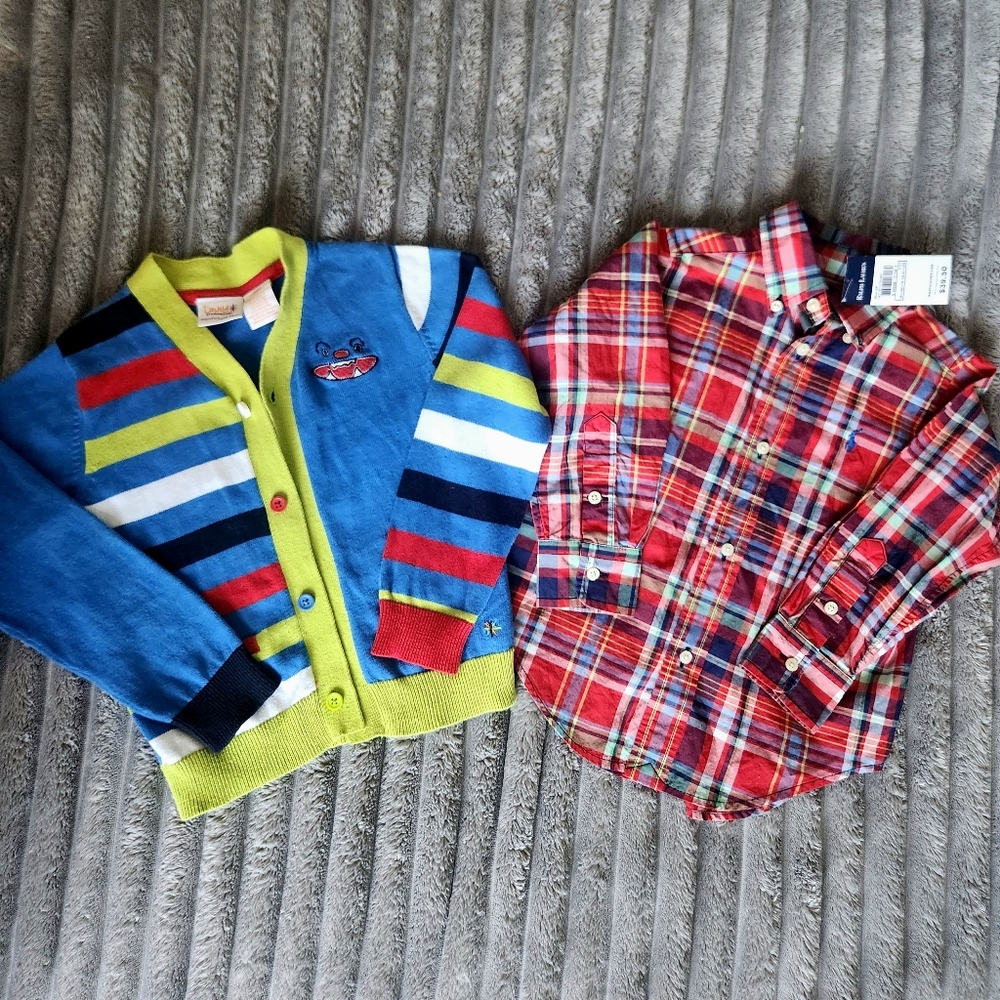 NWT Ralp lauren red plaid button down shirt and Colorful knit Cardigan Size. 2 Y